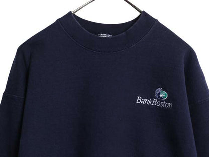 90s USA製 ロゴ刺繍 スウェット メンズ XL / トレーナー 裏起毛 ワンポイント 大きいサイズ ヘビーウェイト クルーネック 企業物 ネイビー