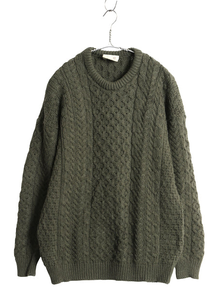 アイルランド製 Carraig Donn フィッシャーマン ウール ニット セーター メンズ レディース М / アラン ケーブル ローゲージ 無地 カーキ
