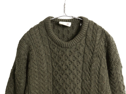 アイルランド製 Carraig Donn フィッシャーマン ウール ニット セーター メンズ レディース М / アラン ケーブル ローゲージ 無地 カーキ