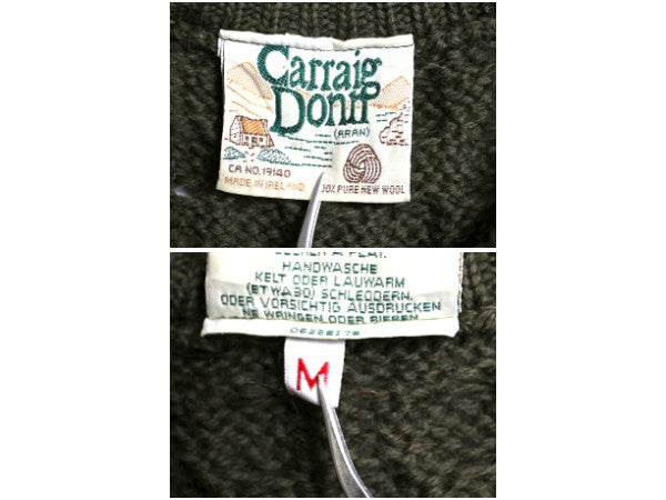 アイルランド製 Carraig Donn フィッシャーマン ウール ニット セーター メンズ レディース М / アラン ケーブル ローゲージ 無地 カーキ