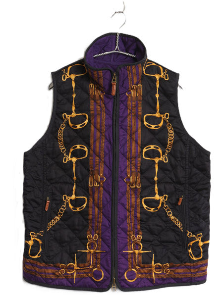 00s ローレン ラルフローレン リバーシブル 中綿 キルティング ベスト レディース XL オールド ポロ フルジップ 馬具 総柄 大きいサイズ 黒