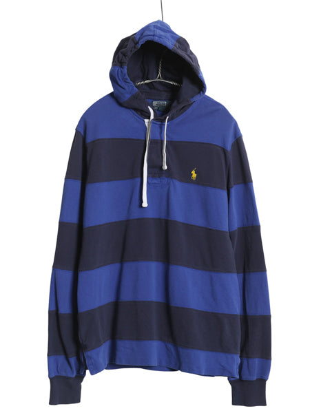 00s ポロ ラルフローレン フード付き ボーダー 鹿の子 ポロシャツ メンズ M / オールド パーカー プルオーバー ラガーシャツ タイプ 青 紺