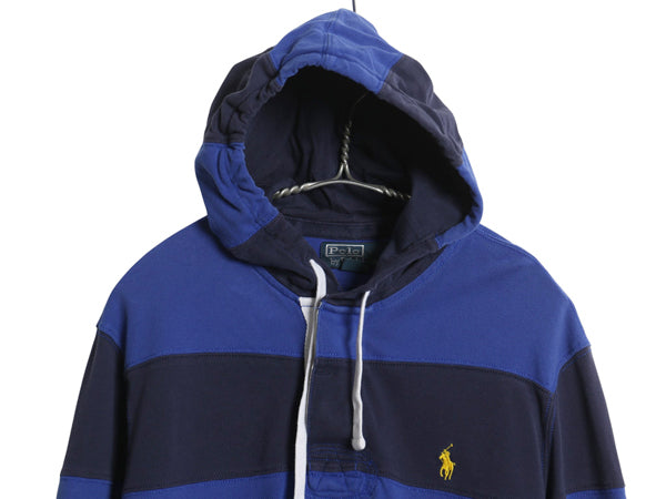 00s ポロ ラルフローレン フード付き ボーダー 鹿の子 ポロシャツ メンズ M / オールド パーカー プルオーバー ラガーシャツ タイプ 青 紺