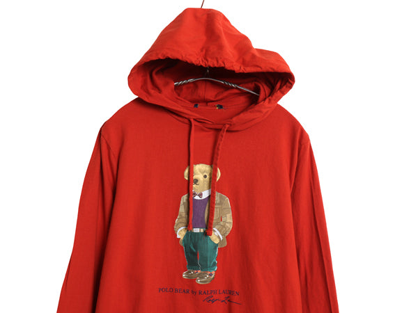 ポロベア ポロ ラルフローレン フード付き プリント 長袖 Tシャツ メンズ S 程 ロンT ロングスリーブ パーカー キャラクター カットソー 赤