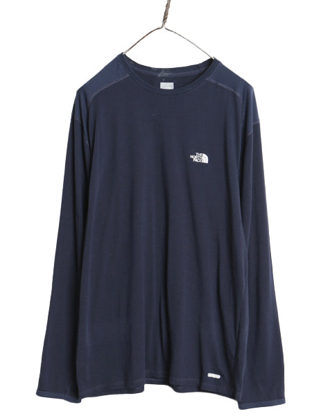 ノースフェイス ロゴ プリント 長袖 Tシャツ メンズ L アウトドア ロンT ロングスリーブ カットソー インナー ストレッチ ワンポイント 紺