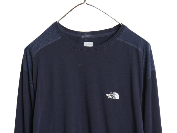 ノースフェイス ロゴ プリント 長袖 Tシャツ メンズ L アウトドア ロンT ロングスリーブ カットソー インナー ストレッチ ワンポイント 紺