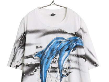 80s USA製 イルカ オールオーバー プリント Tシャツ メンズ XL ヴィンテージ アート グラフィック 総柄 シングルステッチ 白 大きいサイズ