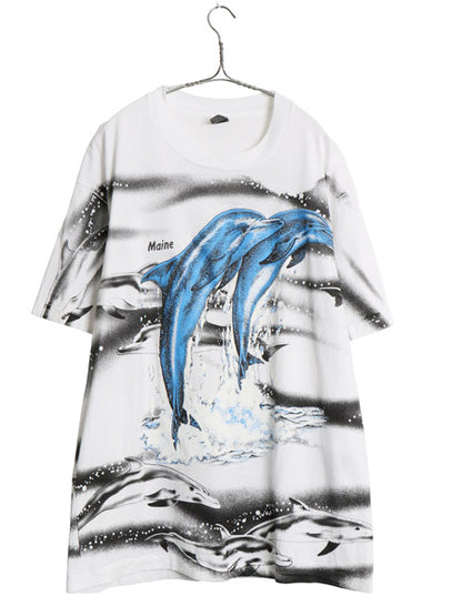 80s USA製 イルカ オールオーバー プリント Tシャツ メンズ XL ヴィンテージ アート グラフィック 総柄 シングルステッチ 白 大きいサイズ