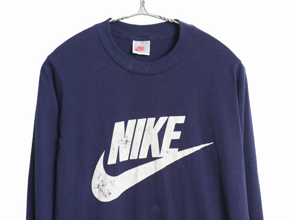 90s USA製 ナイキ スウッシュ プリント 長袖 Tシャツ メンズ S オールド 初期 銀タグ ロンT ロングスリーブ シンプル シングルステッチ 紺
