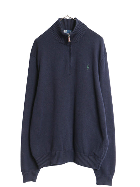 00s ポロ ラルフローレン ハーフジップ コットン ニット セーター メンズ L オールド ハイネック 無地 ワンポイント ポニー 刺繍 リブ編み