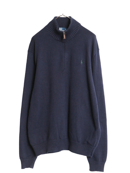 00s ポロ ラルフローレン ハーフジップ コットン ニット セーター メンズ L オールド ハイネック 無地 ワンポイント ポニー 刺繍 リブ編み