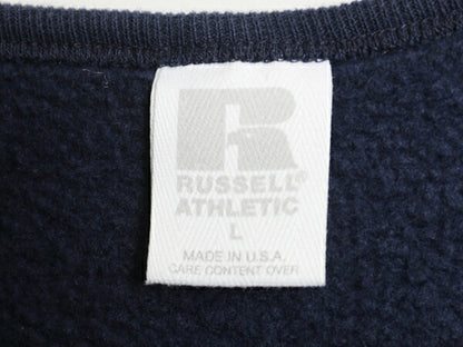 90s USA製 ラッセル 無地 スウェット レディース L / オールド RUSSELL トレーナー ブランク 前V 裏起毛 ワンポイント ショート丈 短丈 紺