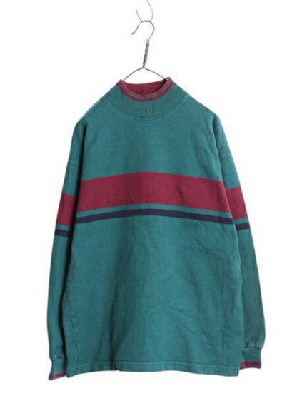 80s USA製 エルエルビーン モックネック ボーダー 長袖 Tシャツ メンズ M / ヴィンテージ LLBEAN ロンT ラガーシャツ 素材 ヘビーウェイト