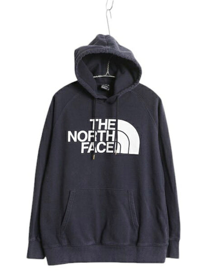 US企画 ノースフェイス プリント スウェット フード パーカー レディース M The North Face アウトドア プルオーバー トレーナー 裏起毛 紺