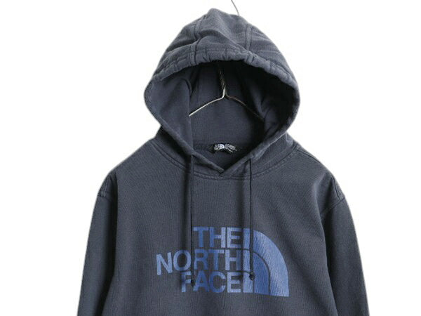 ノースフェイス プリント スウェット フード パーカー メンズ S 古着 The North Face 裏起毛 プルオーバー トレーナー アウトドア ネイビー