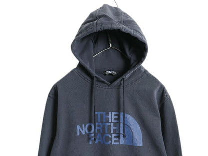 ノースフェイス プリント スウェット フード パーカー メンズ S 古着 The North Face 裏起毛 プルオーバー トレーナー アウトドア ネイビー