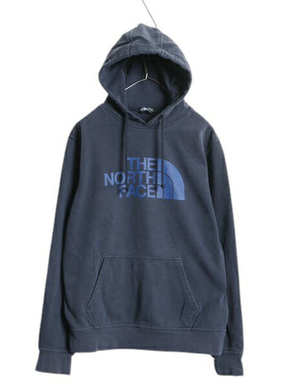 ノースフェイス プリント スウェット フード パーカー メンズ S 古着 The North Face 裏起毛 プルオーバー トレーナー アウトドア ネイビー