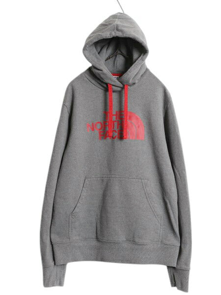 ノースフェイス プリント スウェット フード パーカー メンズ S 古着 The North Face 裏起毛 トレーナー プルオーバー アウトドア グレー