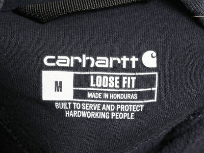 カーハート 袖 プリント スウェット フード パーカー メンズ M 黒 古着 CARHARTT トレーナー 裏起毛 プルオーバー ミドルウェイト ブラック