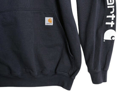 カーハート 袖 プリント スウェット フード パーカー メンズ M 黒 古着 CARHARTT トレーナー 裏起毛 プルオーバー ミドルウェイト ブラック
