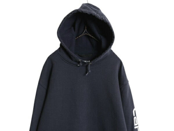 カーハート 袖 プリント スウェット フード パーカー メンズ M 黒 古着 CARHARTT トレーナー 裏起毛 プルオーバー ミドルウェイト ブラック