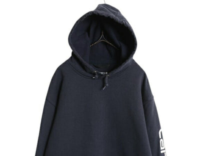 カーハート 袖 プリント スウェット フード パーカー メンズ M 黒 古着 CARHARTT トレーナー 裏起毛 プルオーバー ミドルウェイト ブラック