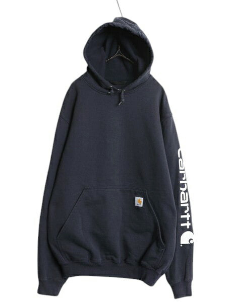 カーハート 袖 プリント スウェット フード パーカー メンズ M 黒 古着 CARHARTT トレーナー 裏起毛 プルオーバー ミドルウェイト ブラック