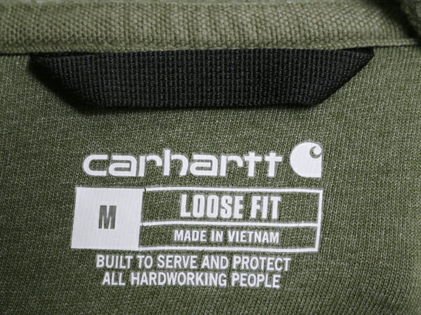 カーハート 袖 プリント スウェット フード パーカー メンズ M CARHARTT トレーナー 裏起毛 プルオーバー ミドルウェイト カーキ グリーン