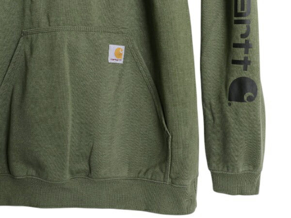 カーハート 袖 プリント スウェット フード パーカー メンズ M CARHARTT トレーナー 裏起毛 プルオーバー ミドルウェイト カーキ グリーン