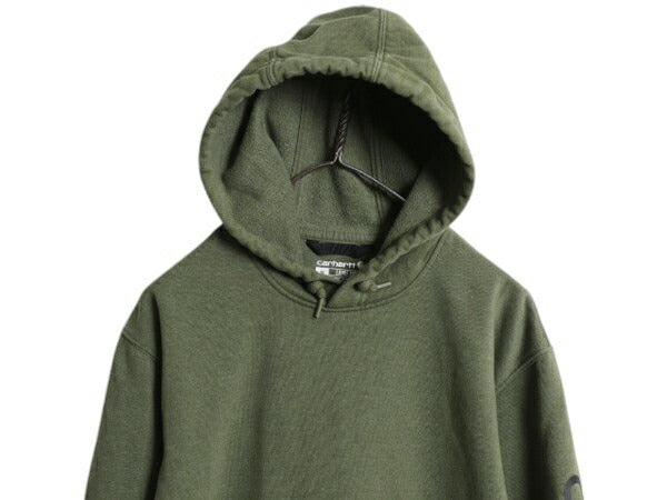 カーハート 袖 プリント スウェット フード パーカー メンズ M CARHARTT トレーナー 裏起毛 プルオーバー ミドルウェイト カーキ グリーン
