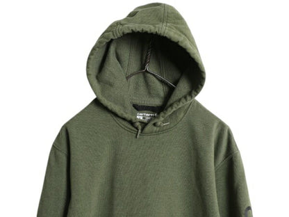 カーハート 袖 プリント スウェット フード パーカー メンズ M CARHARTT トレーナー 裏起毛 プルオーバー ミドルウェイト カーキ グリーン