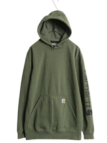カーハート 袖 プリント スウェット フード パーカー メンズ M CARHARTT トレーナー 裏起毛 プルオーバー ミドルウェイト カーキ グリーン