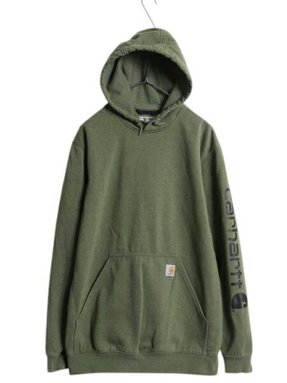 カーハート 袖 プリント スウェット フード パーカー メンズ M CARHARTT トレーナー 裏起毛 プルオーバー ミドルウェイト カーキ グリーン