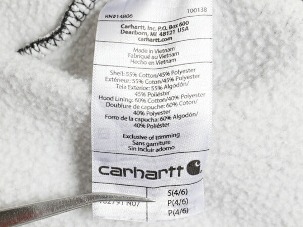 カーハート 袖 プリント スウェット フード パーカー レディース S / 古着 CARHARTT トレーナー 裏起毛 プルオーバー ミドルウェイト 濃灰