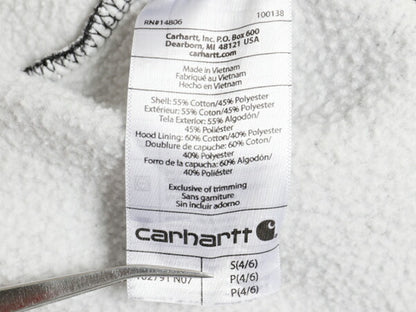カーハート 袖 プリント スウェット フード パーカー レディース S / 古着 CARHARTT トレーナー 裏起毛 プルオーバー ミドルウェイト 濃灰