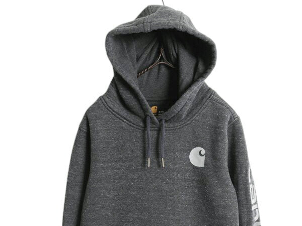 カーハート 袖 プリント スウェット フード パーカー レディース S / 古着 CARHARTT トレーナー 裏起毛 プルオーバー ミドルウェイト 濃灰
