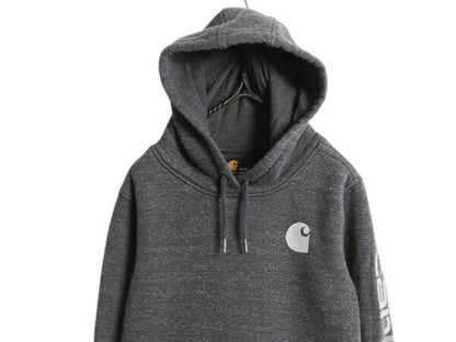 カーハート 袖 プリント スウェット フード パーカー レディース S / 古着 CARHARTT トレーナー 裏起毛 プルオーバー ミドルウェイト 濃灰