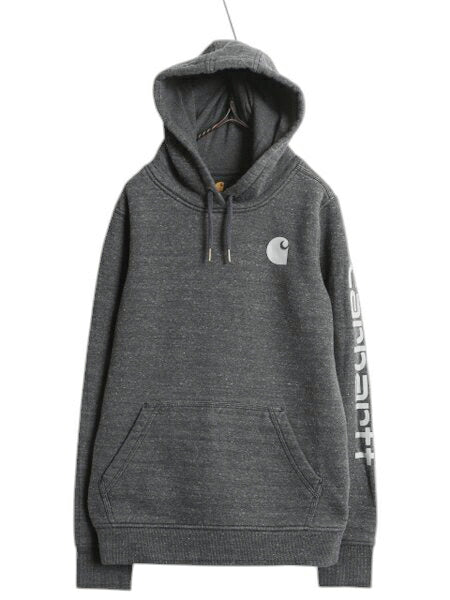 カーハート 袖 プリント スウェット フード パーカー レディース S / 古着 CARHARTT トレーナー 裏起毛 プルオーバー ミドルウェイト 濃灰