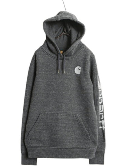 カーハート 袖 プリント スウェット フード パーカー レディース S / 古着 CARHARTT トレーナー 裏起毛 プルオーバー ミドルウェイト 濃灰