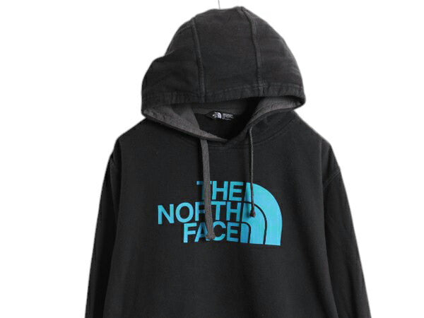 ノースフェイス 迷彩 ロゴ プリント スウェット フード パーカー メンズ L 古着 The North Face プルオーバー 裏起毛 トレーナー 黒 迷彩柄