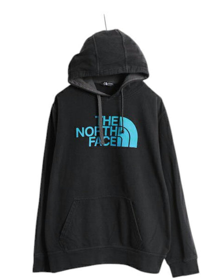 ノースフェイス 迷彩 ロゴ プリント スウェット フード パーカー メンズ L 古着 The North Face プルオーバー 裏起毛 トレーナー 黒 迷彩柄