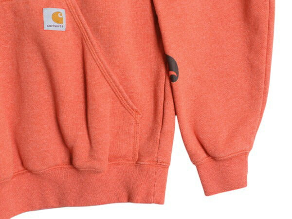 カーハート 袖 プリント スウェット フード パーカー メンズ S / 古着 CARHARTT トレーナー 裏起毛 プルオーバー ミドルウェイト オレンジ