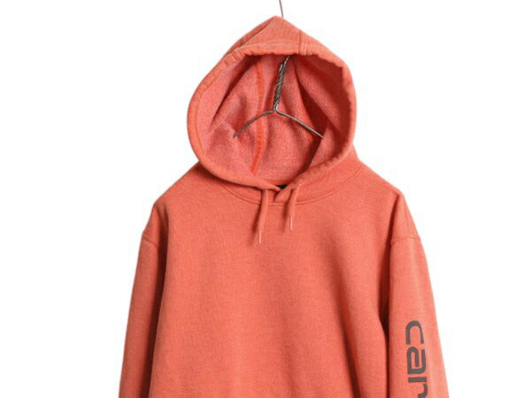 カーハート 袖 プリント スウェット フード パーカー メンズ S / 古着 CARHARTT トレーナー 裏起毛 プルオーバー ミドルウェイト オレンジ