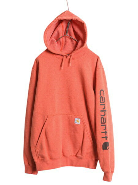 カーハート 袖 プリント スウェット フード パーカー メンズ S / 古着 CARHARTT トレーナー 裏起毛 プルオーバー ミドルウェイト オレンジ