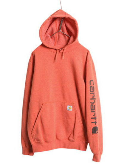 カーハート 袖 プリント スウェット フード パーカー メンズ S / 古着 CARHARTT トレーナー 裏起毛 プルオーバー ミドルウェイト オレンジ