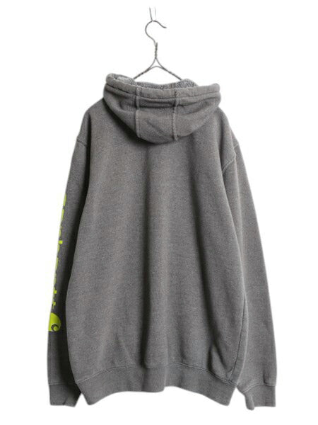 カーハート 袖 プリント スウェット フード パーカー メンズ M CARHARTT トレーナー 裏起毛 プルオーバー ミドルウェイト チャコールグレー