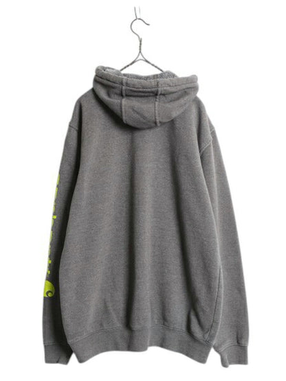 カーハート 袖 プリント スウェット フード パーカー メンズ M CARHARTT トレーナー 裏起毛 プルオーバー ミドルウェイト チャコールグレー