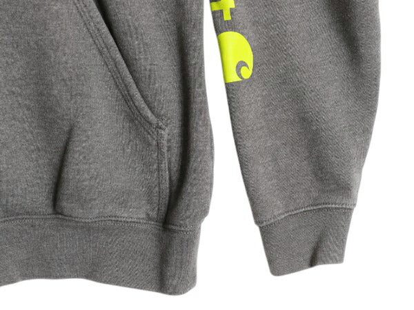 カーハート 袖 プリント スウェット フード パーカー メンズ M CARHARTT トレーナー 裏起毛 プルオーバー ミドルウェイト チャコールグレー