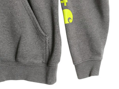 カーハート 袖 プリント スウェット フード パーカー メンズ M CARHARTT トレーナー 裏起毛 プルオーバー ミドルウェイト チャコールグレー