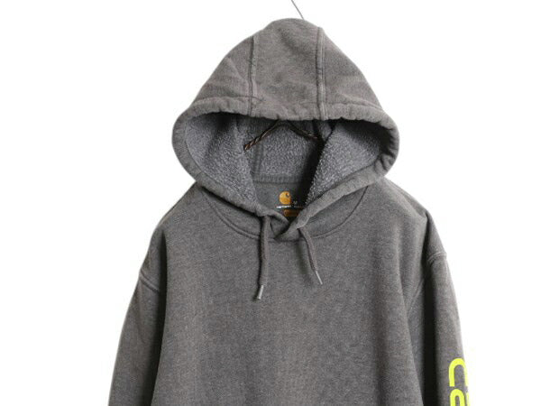 カーハート 袖 プリント スウェット フード パーカー メンズ M CARHARTT トレーナー 裏起毛 プルオーバー ミドルウェイト チャコールグレー